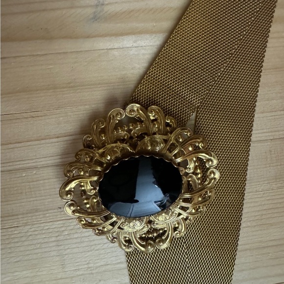 Miriam Haskell Vintage Gold Mesh Belt Black Gem Statement 80s Glam 26”